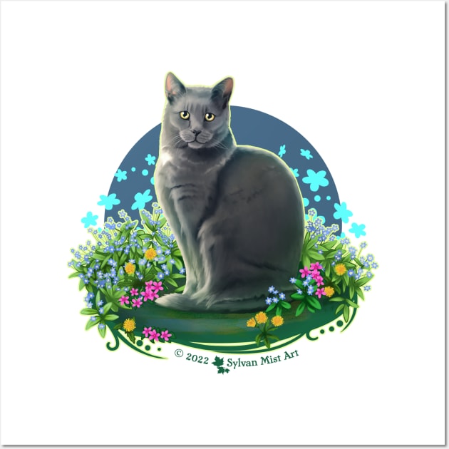 Gray Cat in the Flower Garden Wall Art by Sylvanmistart